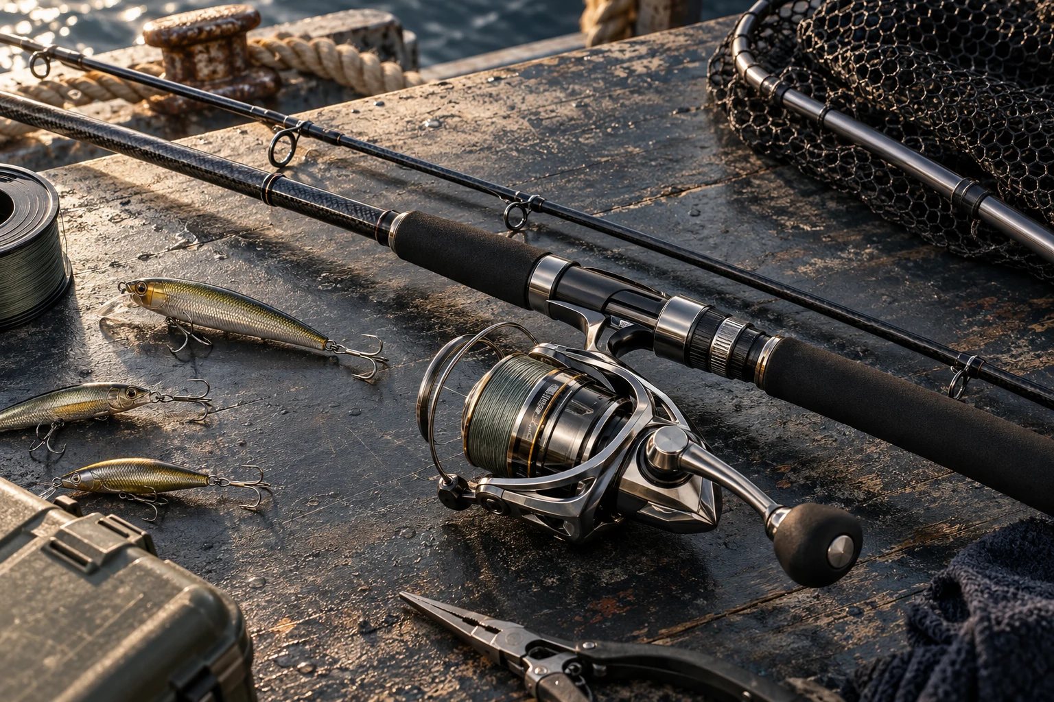 Fishing reel, graphite rods and lures on a marine work table